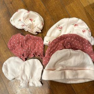 Laura Ashley Bundle Three Baby Hats & Non-Scratch Mittens Pink Polka Dot Floral